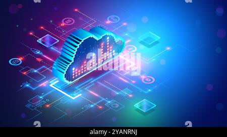 Cloud-Datenspeicher für das intelligente Heimsystem „Internet der Dinge“. Der Cloud-Speicher wird mit dem Smart Home-System synchronisiert. Isometrisches Konzept von IO Stock Vektor