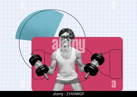 Composite Photo Collage von ernsthaften jungen Sportlern Pumpe Bizeps halten schwere Hantelanstrengung Bodybuilding isoliert auf gemaltem Hintergrund Stockfoto
