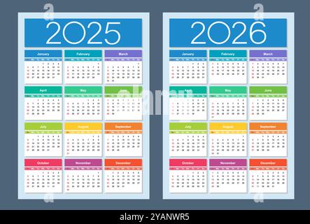 Farbenfroher Kalender für 2025, 2026 Jahre. Die Woche beginnt am Sonntag. Designvorlage für vertikalen Kalender. Basisraster. Isolierte Vektordarstellung. Stock Vektor