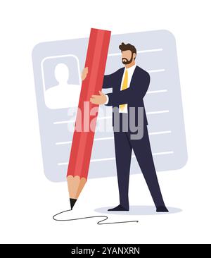Geschäftsmann mit Riesenstift, um Dokumente zu unterzeichnen, Lebenslauf, Stellensuche, Einstellung von Mitarbeitern, Geschäftsabschlüsse. Illustration des flachen Vektors Stock Vektor