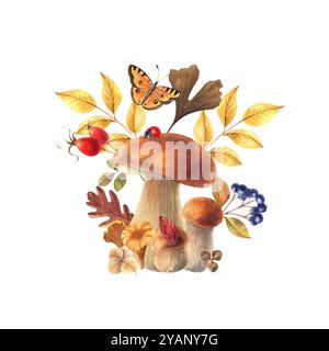 Aquarellzusammensetzung von Pilzen, Herbstblättern, Beeren, Insekten. Handgezeichnete botanische Elemente auf isoliertem Hintergrund für Design. Stockfoto