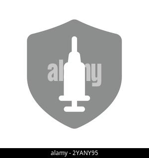 Qualitätsschutzimpfstoff garantieren. Spritze und Schild, Symbol für Impfvektor. Stock Vektor