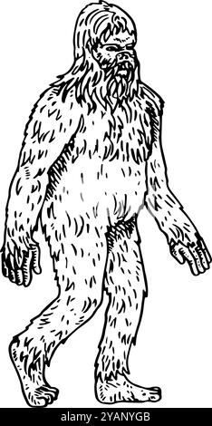 Yeti – handgezeichnete Illustration der mythologischen Bestie in Schwarz-weiß Stockfoto