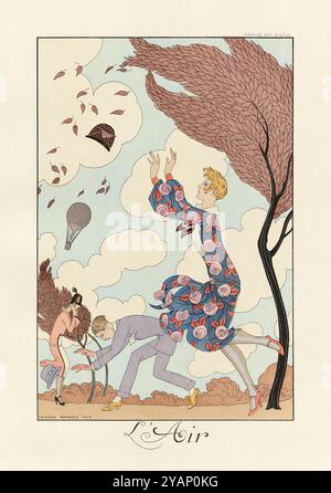 „L’Air“ (Air) Illustration von George Barbier (1882-1932) mit drei Figuren, die in einer Windböe gefangen sind, umgeben von wirbelnden Blättern und einem Heißluftballon im Art déco-Stil. Foto aus dem Original-Portfolio mit Pochordruck in limitierter Auflage von 1925. Kredit: Privatsammlung / AF Fotografie Stockfoto