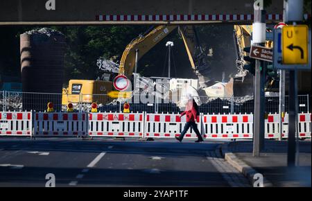 Dresden, Deutschland. Oktober 2024. Bagger entfernen Trümmer von der eingestürzten Carolabrücke-Brücke auf der Altstadtseite der Elbe; im Hintergrund ist die Semperoper zu sehen. Der westliche Abschnitt der Brücke mit Straßenbahnschienen, Radweg und Fußweg brach in der Nacht vom 11. September 2024 aus unbekannten Gründen zusammen. Robert Michael/dpa/Alamy Live News Stockfoto