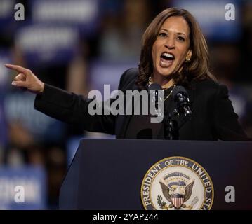 14. Oktober 2024: Erie, Pennsylvania, USA - Vize-Präsidentin der Vereinigten Staaten KAMALA HARRIS spricht während einer Wahlkampfveranstaltung in der Erie Insurance Arena. (Kreditbild: © Brian Cahn/ZUMA Press Wire) NUR REDAKTIONELLE VERWENDUNG! Nicht für kommerzielle ZWECKE! Stockfoto