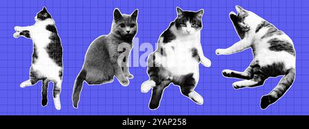 Trendiges Set lustiger Katzen. Vintage-Rastereffekt. Y2K Collage-Design Stock Vektor