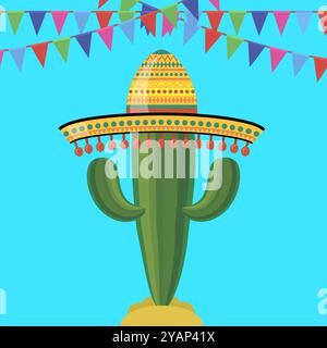 Vektor-grüne Kakteen mit bunten musikalischen Maracas. Cinco de Mayo-Symbol auf gelbem Hintergrund. Stock Vektor