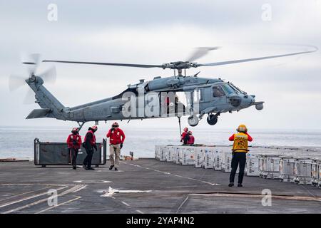 PAZIFIK (11. Oktober 2024) Seeleute der US-Navy an Bord des Flugzeugträgers USS Theodore Roosevelt (CVN 71) haken Geschütze an eine MH-60S SE Stockfoto