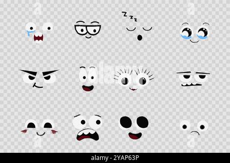 Gesichts-Emotionen, Comic-Ausdrücke, niedliche verrückte Augen-Sammlung isoliert. Lachen Sie mit lustigen Comic-Designelementen. Emotionales Comic-Gesicht mit Augen, Mund, Zunge und Zähnen. Vektorabbildung Stock Vektor