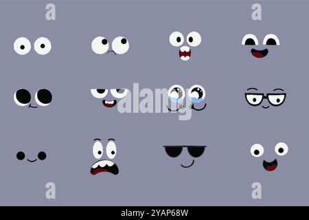 Gesichts-Emotionen, Comic-Ausdrücke, niedliche verrückte Augen-Sammlung isoliert. Lachen Sie mit lustigen Comic-Designelementen. Emotionales Comic-Gesicht mit Augen, Mund, Zunge und Zähnen. Vektorabbildung Stock Vektor