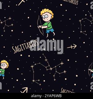 Nahtloses Vektormuster mit Sternzeichen Sagittarius. Hintergrund mit Sternenhimmel und Sternenkonstellation zum Einpacken von Papier Stock Vektor