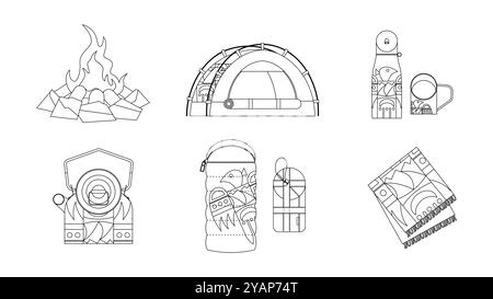 Illustrationen von Campingausrüstung mit indianischen Mustern, Umrissstil, einschließlich Schlafsäcken, Decken, Zelten und mehr Stock Vektor