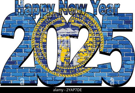 Happy New Year 2025 mit Nebraska Flagge innen - Illustration, 2025 HAPPY NEW YEAR ZAHLEN Stock Vektor