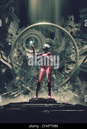 Ein roter Roboter-Cyborg steht in einer futuristischen, industriellen Umgebung und interagiert mit einem leuchtenden Schmetterling in einer surrealen Science-fiction-Atmosphäre. Stockfoto