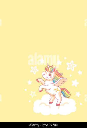 Magisches Einhorn mit Regenbogenmähne und Schwanz tanzt auf einer Wolke, umgeben von funkelnden Sternen. Vektorabbildung Stock Vektor