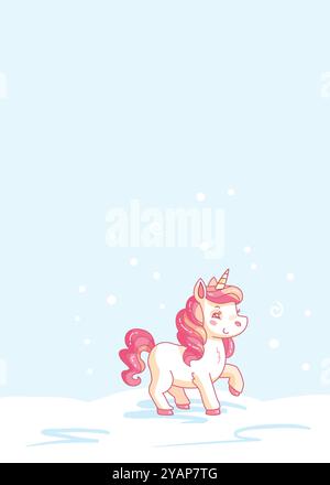 Niedliches Cartoon-Einhorn mit rosa Haaren geht an einem verschneiten Tag auf dem Schnee. Vektorabbildung Stock Vektor