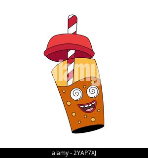 Groovige Tasse Soda-Wassercharakter mit Stroh und Spiralen der Halluzination in der Augen-Vektor-Illustration Stock Vektor