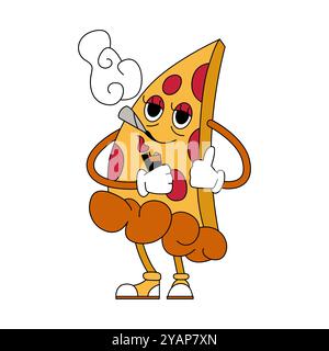 Grooviges psychedelisches Raucherstück Pizza, Snackcharakter mit Zigarette und Rauch Vektor Illustration Stock Vektor
