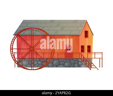 Altes Holz- und Steinwassermühlengebäude mit Wasserrad in Dorfvektor-Illustration Stock Vektor