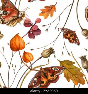 Schmetterlinge, Blätter, Mohnzwiebeln Herbst elegantes botanisches Muster. Nahtlose warme gemütliche Aquarellillustration auf weißem Hintergrund. Saisonales Textil, p Stockfoto