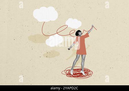 Composite Trend Artwork 3D Skizzenbild Foto Collage der Silhouette junge Dame Stand Miniatur Hand halten Seil Linie Illustration Himmel Wolke Stockfoto