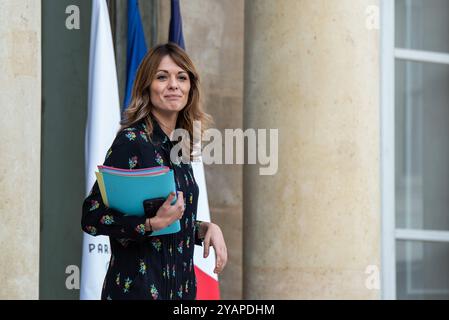 FRANKREICH-POLITIK-REGIERUNG-ELYSEE Maud Bregeon, Minister des Ministerpräsidenten und Regierungssprecher im Elysee-Palast für den Ministerrat. In Paris, 15. Oktober 2024. PARIS ILE-DE-FRANCE FRANKREICH URHEBERRECHT: XANDREAXSAVORANIXNERIX FRANCE-POLITICS-GOVERNMENT-ELYSE ASAVORANINERI-12 Stockfoto