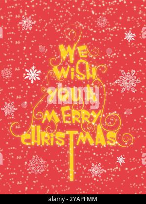 Roter Hintergrund mit Schneeflocken und einem Baum mit den Worten „We Wish you a Merry Christmas“ (Wir wünschen Ihnen ein frohes Weihnachtsfest) Stock Vektor