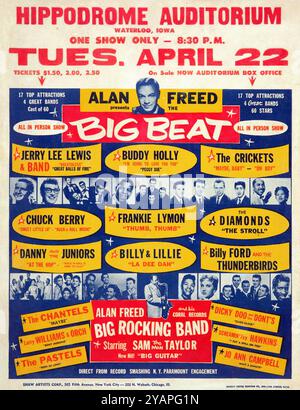 Buddy Holly, Chuck Berry, Jerry Lee Lewis, Die Grillen, Frankie Lymon, 1958 Alan Befreite „Big Beat“, Hippodrome Auditorium, Iowa Concert Poster. Stockfoto