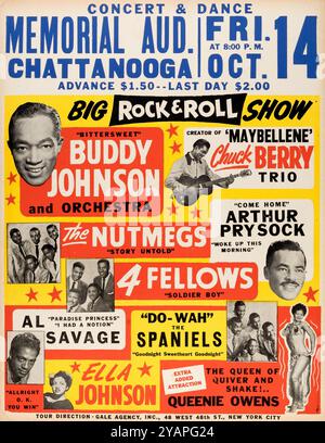 Vintage-Poster, Chuck Berry Trio 1955 - 'Big Rock & Roll Show' mit 'Maybellene' Memorial Auditorium, Chattanooga - auch Buddy Johnson, The Nutmegs, 4 Fellows, Al Savage, Ella Johnson Stockfoto