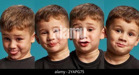 Collage. Kleiner Junge, Kind mit vielen lustigen Ausdrücken vor blauem Hintergrund. Freude, Grimmen, Lächeln. Stockfoto