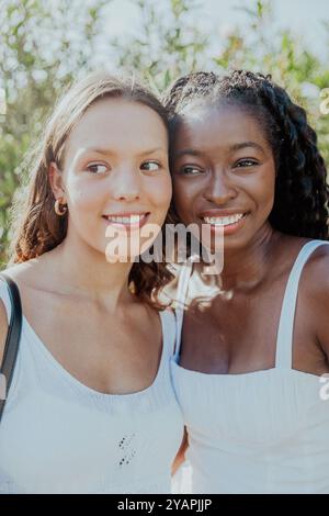 Zwei Freundinnen lächeln, während sie zusammen stehen und sich umsehen, weibliches Einheitskonzept. Stockfoto