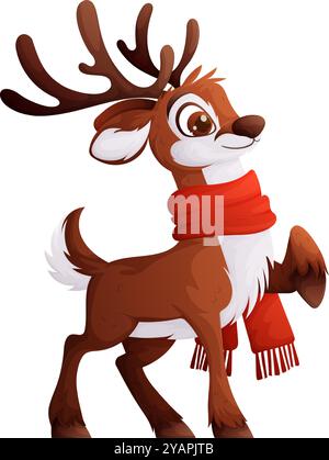 Illustration eines fröhlichen Cartoon-Rentiers mit großem Geweih, mit rotem Schal, stehend auf einem Hufhufe, ideal für Weihnachts- oder Wintermotive. Stock Vektor