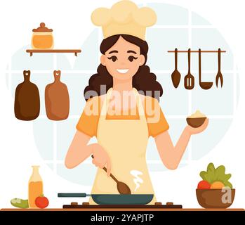 Illustration einer glücklichen Küchenchefin in der Küche, das Essen in einer Pfanne umrühren und eine Schüssel mit Gewürzen halten, umgeben von frischen Zutaten. Stock Vektor