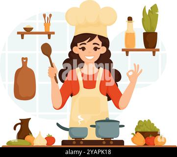 Illustration einer fröhlichen Küchenchefin in der Küche, die einen Löffel hält und beim Kochen auf dem Herd eine gute Geste macht. Stock Vektor