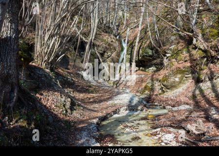 Fantastische Landschaft am kleinen Wasserfall von Kagia, Panagitsa Dorf, Pella, Griechenland Stockfoto