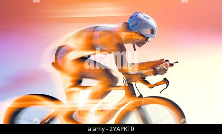 Radfahrerin im Vollgang, die schnell vorwärts fährt, umgeben von Bewegungsunschärfe, symbolisiert Intensität und Konzentration im Sport. Gemischte Neonlichter. Stockfoto