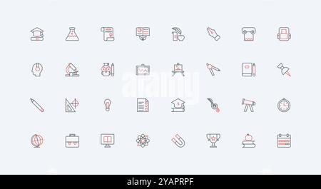 Schulbildung und Universität, Schreibwaren und Bücher für Schüler zum Lernen von Linien-Symbolsatz. Globus und Rucksack, Tafel im Klassenzimmer, Diplom dünne schwarze und rote Umrisssymbole Vektor-Illustration Stock Vektor