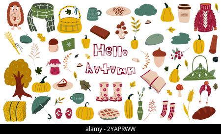 Gemütlicher Vektor-Satz von Herbstsymbolen, Kürbis, Herbstblätter, Beeren, Eicheln, Regenschirm, Gummistiefel. Sammlung von Herbstelementen für Scrapbooking. Hell Stock Vektor