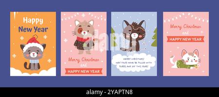 Ein Set Weihnachtskarten und Poster mit lustigen Katzen. Neujahrstexte und Grüße. Stock Vektor