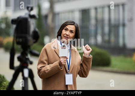 Ein engagierter Journalist erzählt leidenschaftlich aktuelle Nachrichten, während er im Freien ein Mikrofon hält und die Zuschauer anspricht. Stockfoto