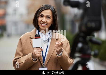 Eine multirassische Journalistin in einem beigefarbenen Mantel engagiert sich aktiv, während sie draußen ein Mikrofon hält. Stockfoto