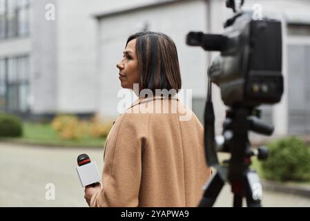 Ein multirassischer Journalist in einem beigefarbenen Mantel hält ein Mikrofon und bereitet sich darauf vor, über aktuelle Ereignisse im Freien zu berichten. Stockfoto