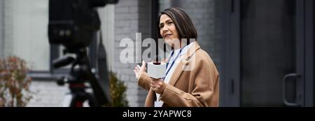 Eine selbstbewusste Journalistin spricht ihr Publikum an, während sie im Freien ein Mikrofon hält und ihre Professionalität unter Beweis stellt. Stockfoto