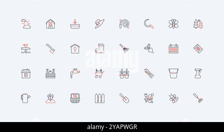 Gartenarbeit, Gartenwerkzeuge für den Pflanzenanbau aus dem Same Line Symbol Set. Gärtner Stiefel und Hut, Eimer, Insektenspray und Herbizid, Scheune und Zaun dünne schwarze und rote Umrisssymbole Vektorillustration Stock Vektor