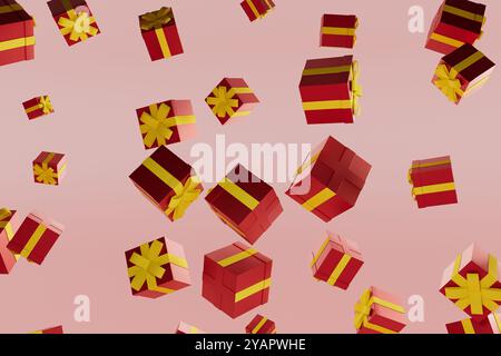 Ein Haufen roter Boxen mit gelben Bändern fliegen durch die Luft, 3D-Rendering Stockfoto
