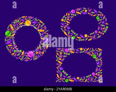 Halloween dekorative Süßigkeiten Rahmen Set isoliert Hintergrund. Vektorillustration runder Kreis und oval Stock Vektor