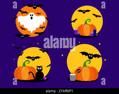 Set von Mondkompositionen Vektorillustrationen mit Kürbissen, Kerzen, Fledermäusen, Geist und schwarzer Katze. Halloween-Hintergrund, Aufkleber, Poster, flache Pos. Stock Vektor