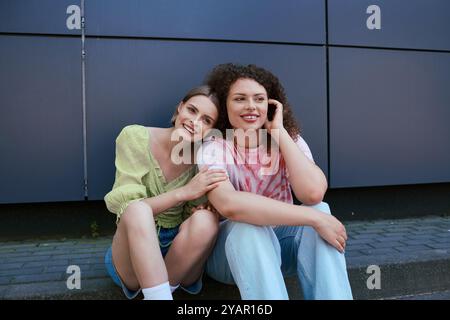 Ein junges Paar lacht und liebt, während es sich vor einer lebhaften städtischen Kulisse entspannt. Stockfoto