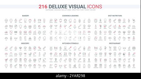 Back- und Kochutensilien, Bäckerei und Lebensmittel des Lebensmittelgeschäfts Korb, Diät-Linie Icon Set. Feier im Restaurant, Köche Küchenausstattung dünne schwarze und rote Umrisssymbole Vektor-Illustration Stock Vektor